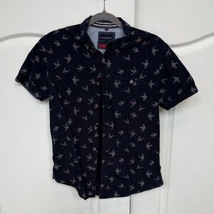 Denim & Flower Navy Short-Sleeve Button-Down Shirt with Bird Print